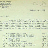 Lettera del Circolo Pasinetti ai soci, con l’elenco delle proiezioni del 1955 
[ISMO, APCMO]