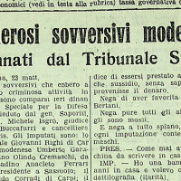 Resoconto di una seduta del processo del Tribunale Speciale a un gruppo di dirigenti comunisti modenesi, dell’aprile 1931. Il documento testimonia l’azione repressiva nei confronti delle cellule comuniste attive nella provincia. 
[Gazzetta dell’Emilia, 24 aprile 1931]