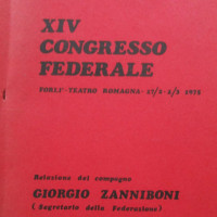 Archivio PCI Forlì, presso ISTORECO FC, Serie “Congressi e conferenze”, Sottoserie “Congressi di Federazione”, b. 7, Fasc. 1.- Frontespizio della copia dattiloscritta della relazione del Segretario della Federazione del PCI di Forlì Giorgio Zanniboni pronunciata al congresso del 1975