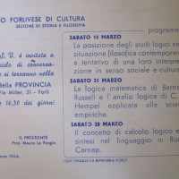 Archivio PCI Forlì, presso ISTORECO FC, Serie Carteggio e documentazione, b. 4, Fasc. 1- locandina promozionale di un ciclo di conferenze filosofiche organizzate dal Circolo di cultura, 10 marzo 1964