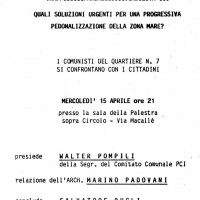 15 aprile 1987. Torre Pedrera, Casa del Popolo. Avviso di convocazione di un’assemblea pubblica promossa dalle Sezioni del PCI del Quartiere 7 sui problemi del territorio