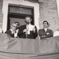 12 giugno 1971. Rimini, Via Valturio. Da sin. il Sindaco Nicola Pagliarani, il sen. Umberto Terracini,Tiziano Giorgetti, il Segretario della Federazione  Zeno Zaffagnini, Giorgio Alessi, Vittorio Zanni