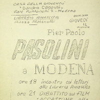 Volantino dell’evento in collaborazione con la Casa della Gioventù S. Cabassi, con la presenza di Pasolini
[ISMO, APCMO]