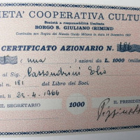 23 aprile 1966. Certificato azionario della Società Cooperativa Culturale Borgo San Giuliano (Rimini)