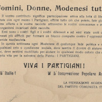 Volantino della Federazione comunista modenese che invita la popolazione ad aiutare i partigiani
[ISMO, Cronaca Pedrazzi]