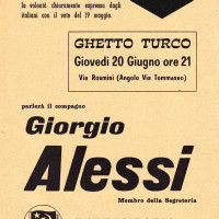 20 giugno 1968. Rimini, Ghetto Turco. Volantino per l’annuncio del comizio di Giorgio Alessi, membro della Segreteria della Federazione