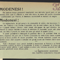 Volantino della Federazione modenese del Partito comunista italiano, senza data, contro i truffatori e ladri, accusati di essere comunisti dalla stampa fascista 
[ISMO, Cronaca Pedrazzi]