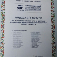 1 giugno 1984. La pergamena con il ringraziamento a tutti i sottoscrittori dei fondi per la ristrutturazione della sede del PCI “Mario Capelli” nel Borgo San Giuliano